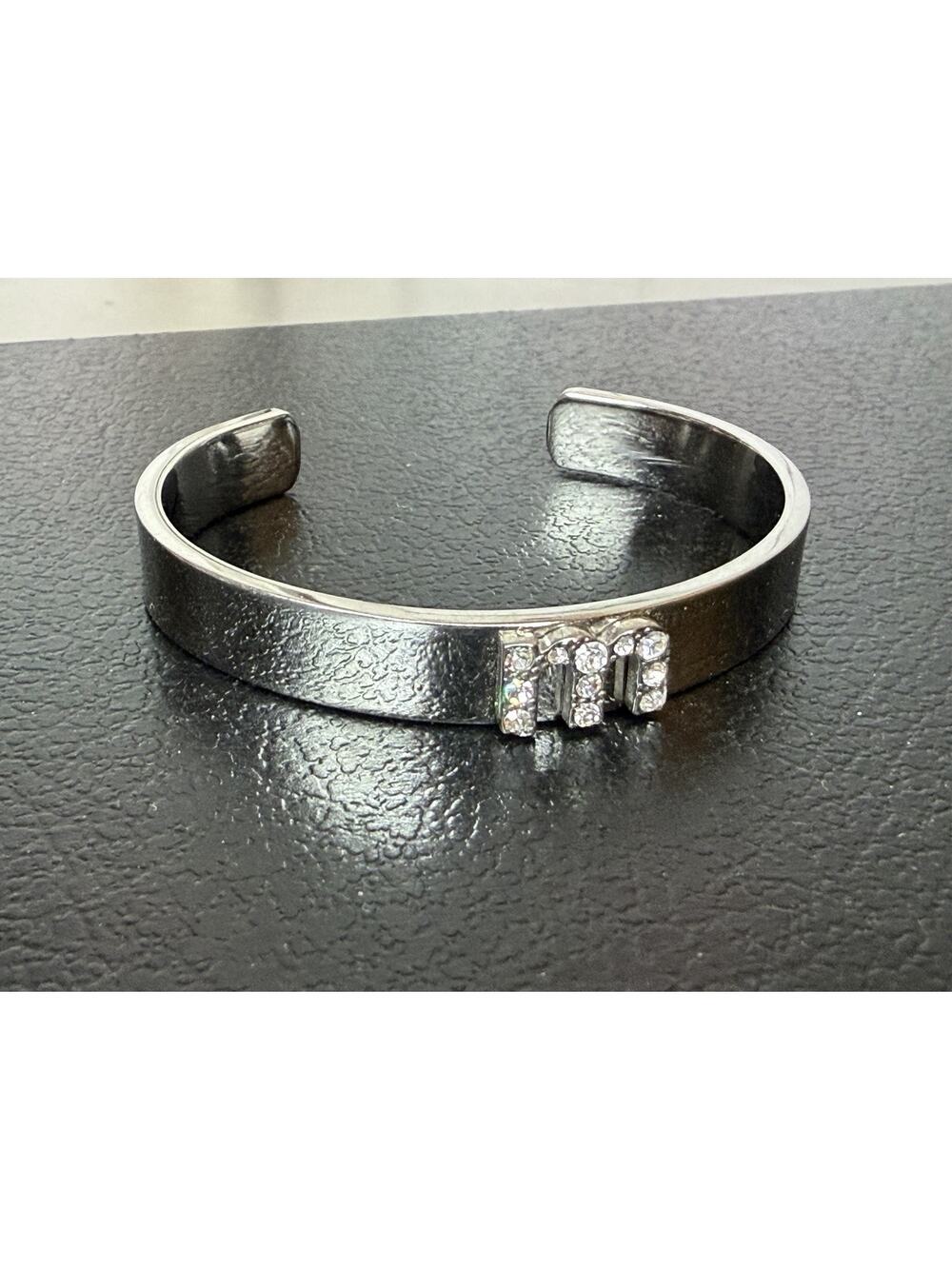 JCM Stainless Steel Cuff Initial ‘M’ Bracelet Silver & Rhinestone Crystal Signed